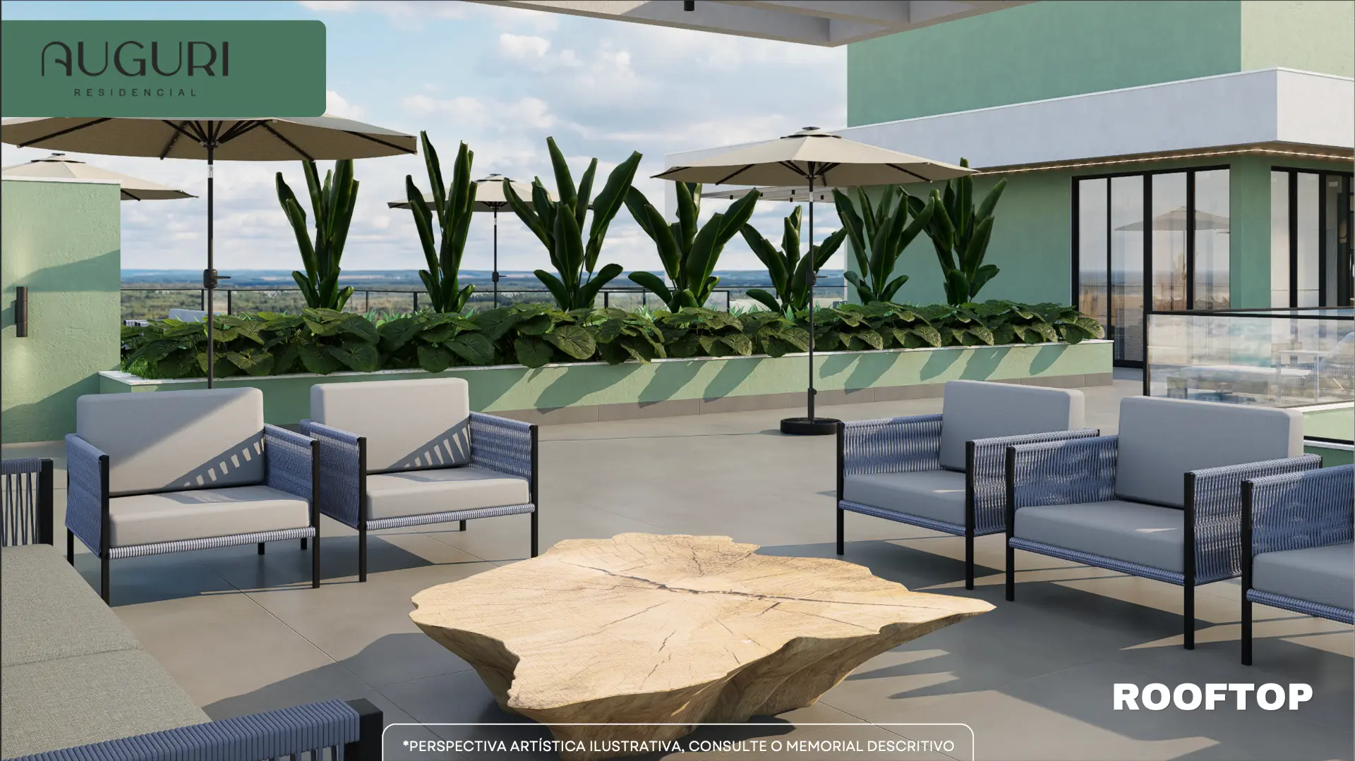 Rooftop — lounge — perspectiva artística ilustrativa do Auguri Residencial