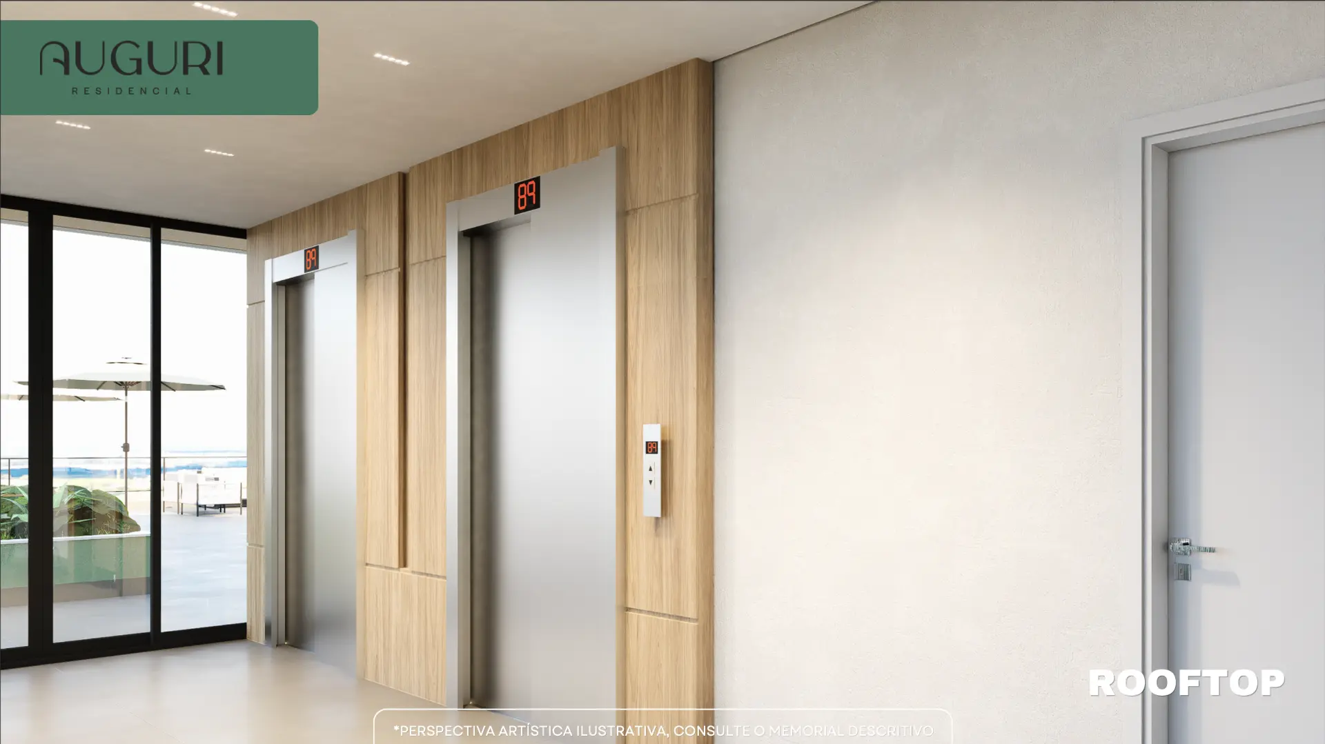Hall e elevadores — perspectiva artística ilustrativa do Auguri Residencial